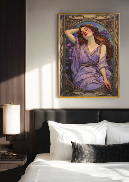 Poster art deco 1930 de la nymphe exposé au dessus d'un lit