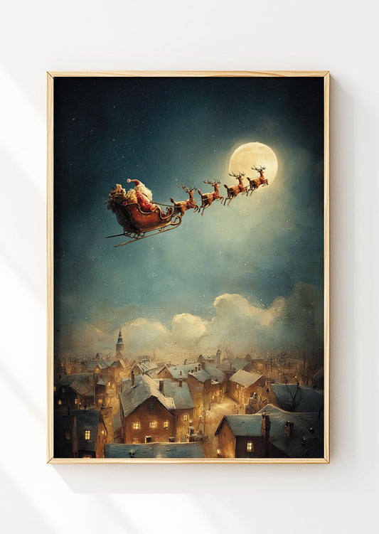 Affiche de noel d'une peinture illustrée du pere noel dans son traineau, dans un cadre en bois