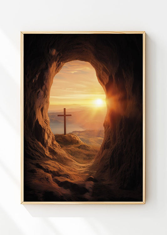 Affiche chrétienne d'une croix au coucher du soleil, vu d'une grotte, dans un cadre en bois