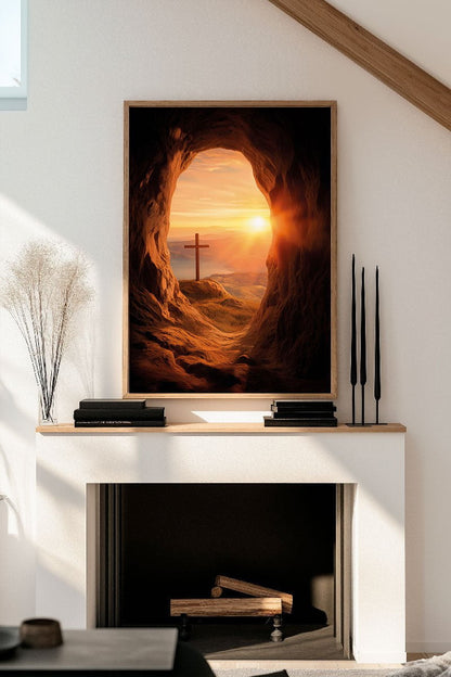 poster religion d'une croix vue depuis une grotte au coucher du soleil, encadrée dans un salon