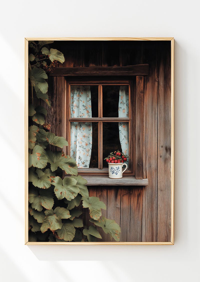 Affiche automne d'une photographie montrant la fenêtre d'un cottage, dans un cadre en bois
