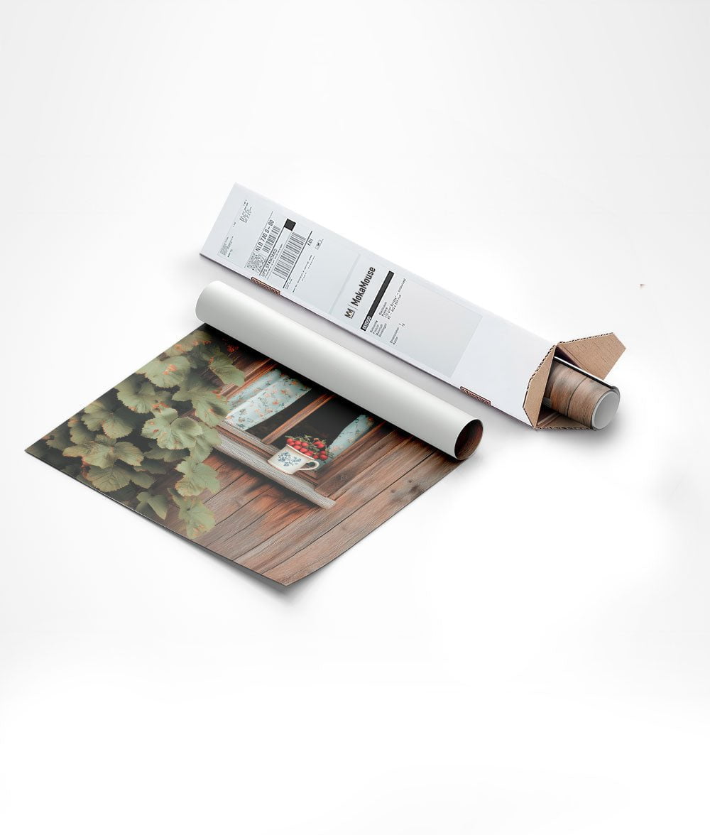 Poster automne d'une photographie d'un cottage à la campagne, dans un carton rectangulaire