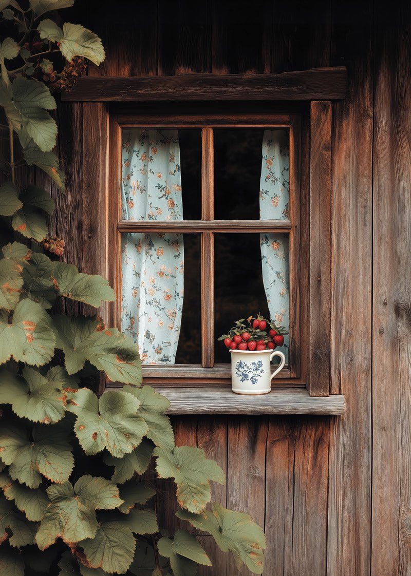 Affiche automne d'une photographie montrant la fenêtre d'un cottage rustique, avec  es rideaux