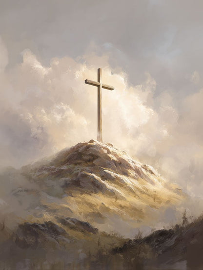 Poster religion d'une croix en bois au sommet d'une montagne en format 30x40cm