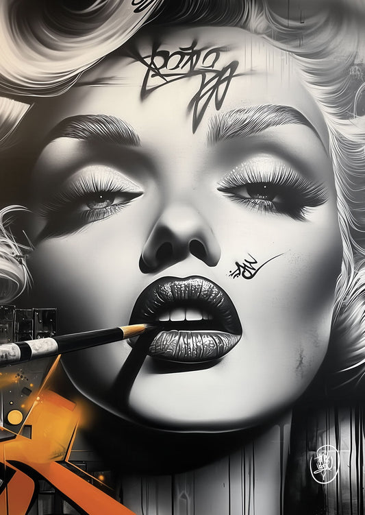 Affiche Street-Art d'un graffiti d'une icone de la pop-culture avec une cigarette, en noir et blanc.