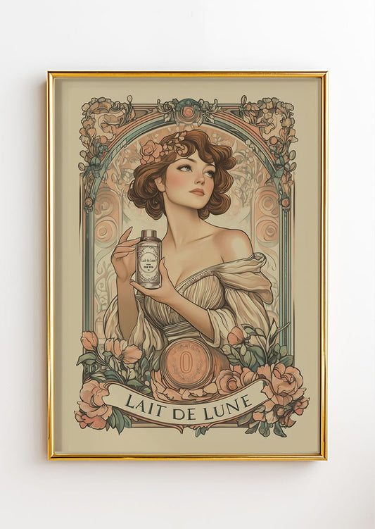 Poster Art déco 1930 représentant une femme pour une publicité de crème, dans un cadre or