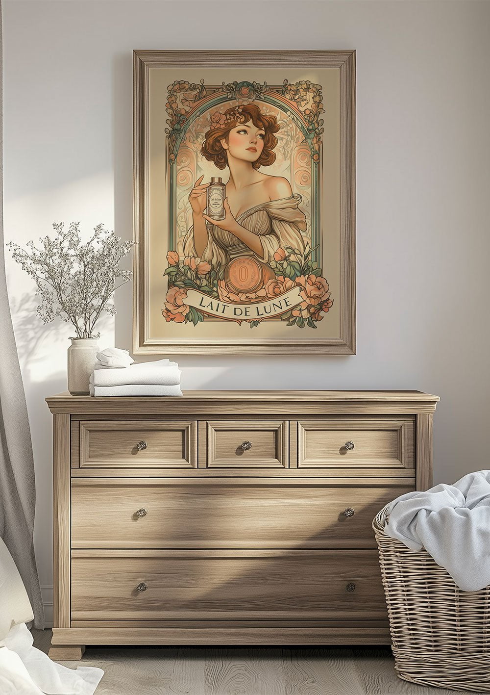 Affiche Art Déco 1930, Lait de Lune, encadrée au-dessus d'une commode en bois.