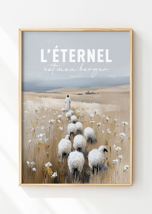 Affiche chrétienne avec typo "l'éternel est mon berger", psaume biblique, dans un cadre en bois
