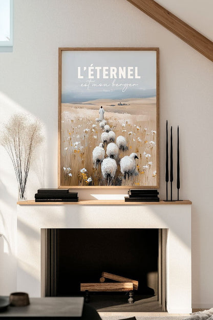 Affiche chrétienne le berger et ses moutons avec typo d'un verset biblique, au dessus d'une cheminée