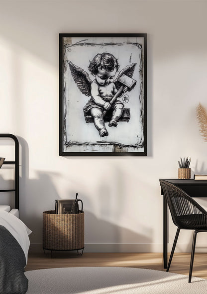 Affiche street-art du chérubin en noir et blanc encadrée sur le mur d'une chambre.