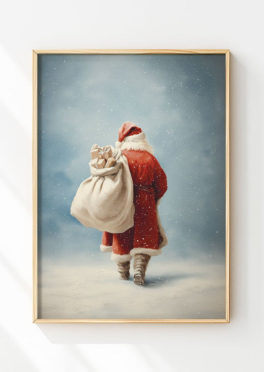 Affiche de noel d'une peinture graphique du père noel vu de dos, dans un cadre en bois