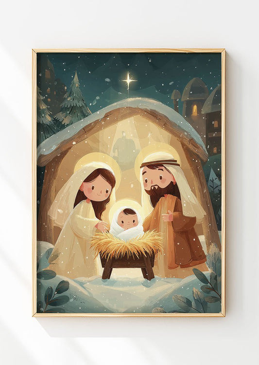 Affiche de noel illustration digitale et enfantine représentant la nativité, dans un cadre