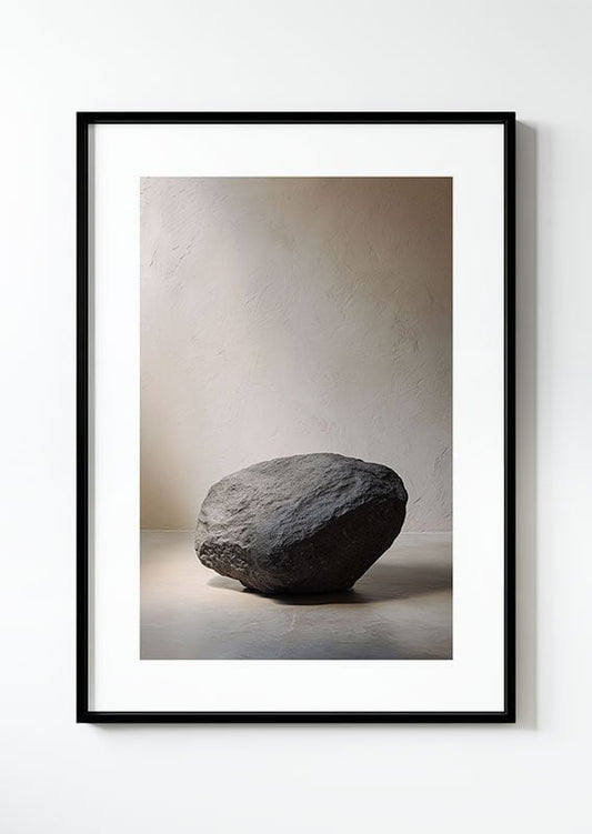 Affiche photographie contemporaine d'un rocher anthracite isolé sur fond de mur texturé, dans un cadre 
