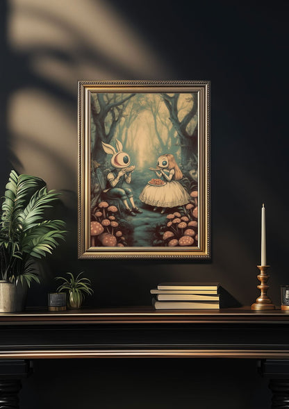 Affiche des deux chimères encadrée dans une décoration cabinet de curiosités noir.