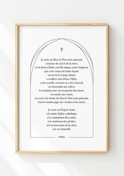 Affiche chrétienne illustrant la prière "le credo" dans un cadre en bois