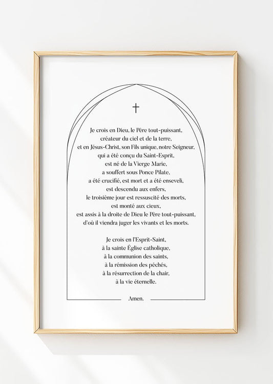 Affiche chrétienne illustrant la prière "le credo" dans un cadre en bois