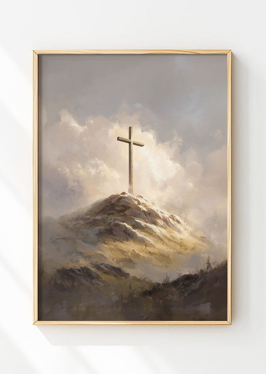 Affiche chrétienne d'une peinture digitale d'une croix encadrée dans un cadre en bois