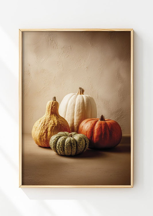 Affiche automne d'une photographie montrant quatre courges, mis en valeur dans un cadre