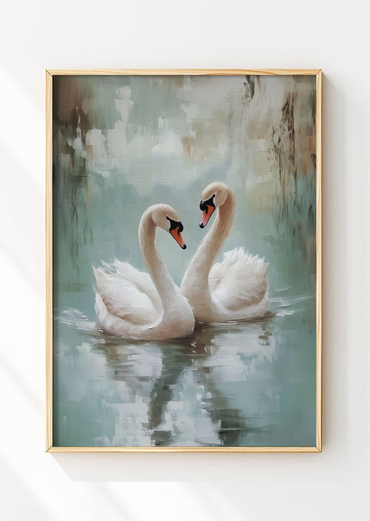 Affiche automne d'une peinture à l'huile représentant deux cygnes dans un cadre en bois