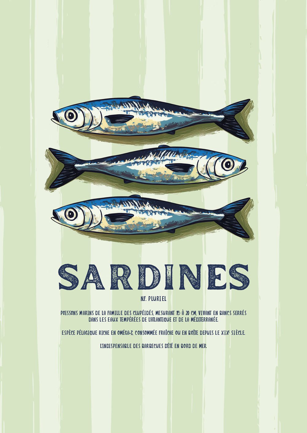 Affiche mer montrant trois sardines illustrées sur fond rayé vert pale et blanc avec typo