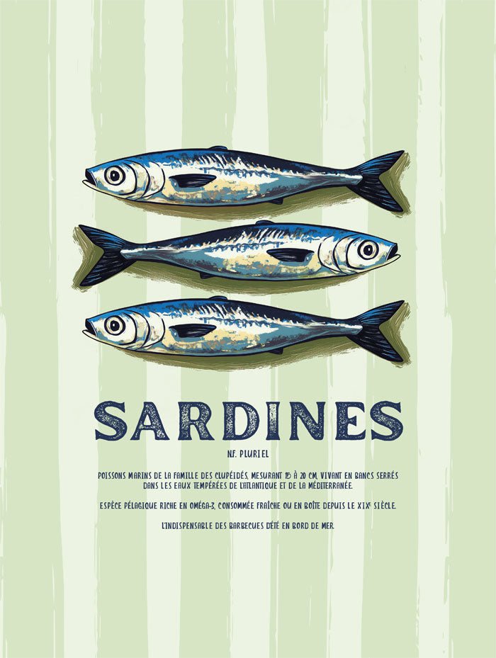 Poster été 3 sardines avec typo sur fond vert en taille 30x40cm