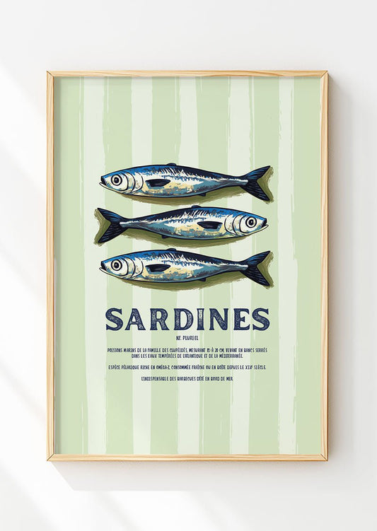 Poster mer montrant trois sardines illustrées sur fond rayé vert pale dans un cadre en bois.