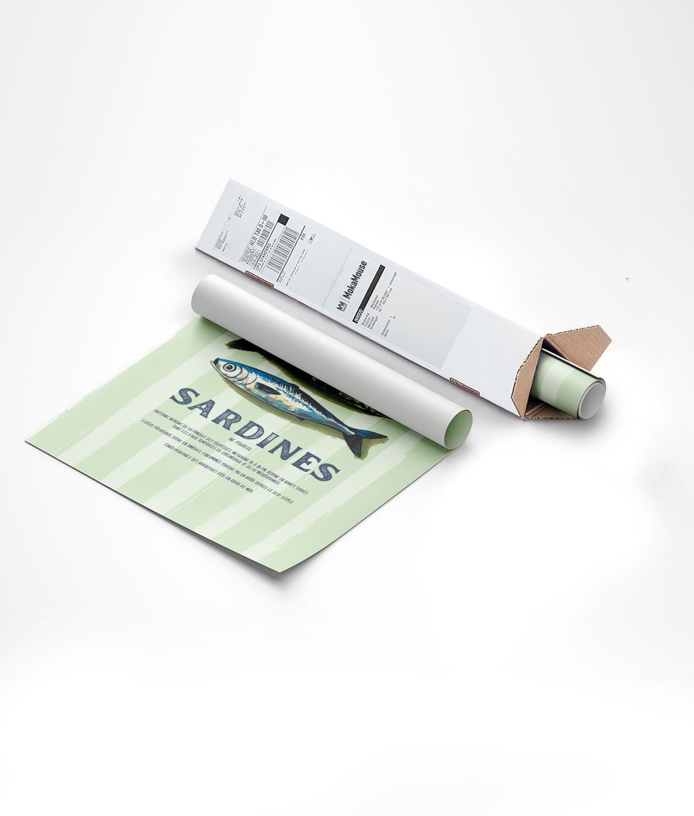 Affiche mer trois sardines sur fond rayé emballée dans un carton triangulaire.