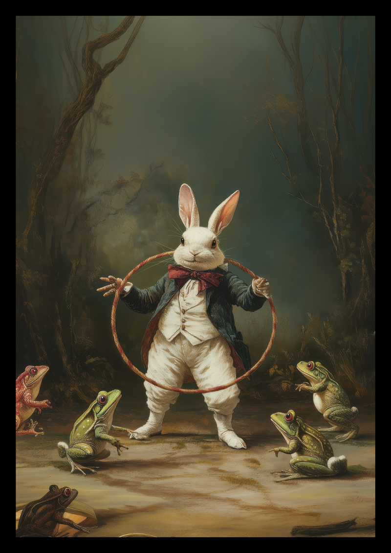 Affiche cabinet de curiosité d'un lapin blanc dressant des grenouilles, dans une scène fantastique.