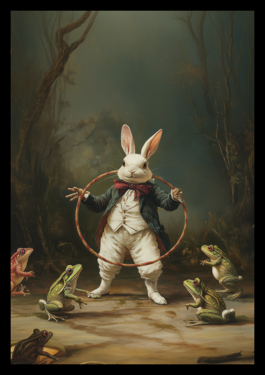 Affiche cabinet de curiosité d'un lapin blanc dressant des grenouilles, dans une scène fantastique.
