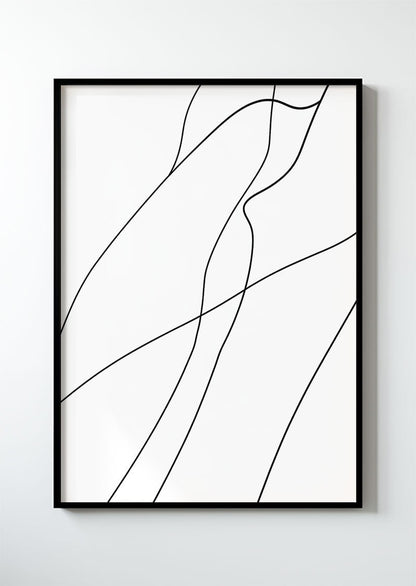 Poster mural contemporain de lignes fluides de couleur noire sur fond blanc dans un cadre noir.