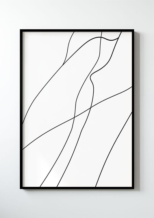 Poster mural contemporain de lignes fluides de couleur noire sur fond blanc dans un cadre noir.