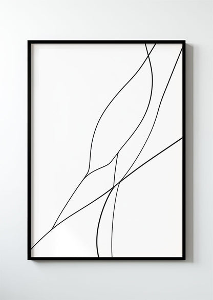Poster contemporain représentant des lignes noires organiques sur fond blanc encadré dans un cadre.
