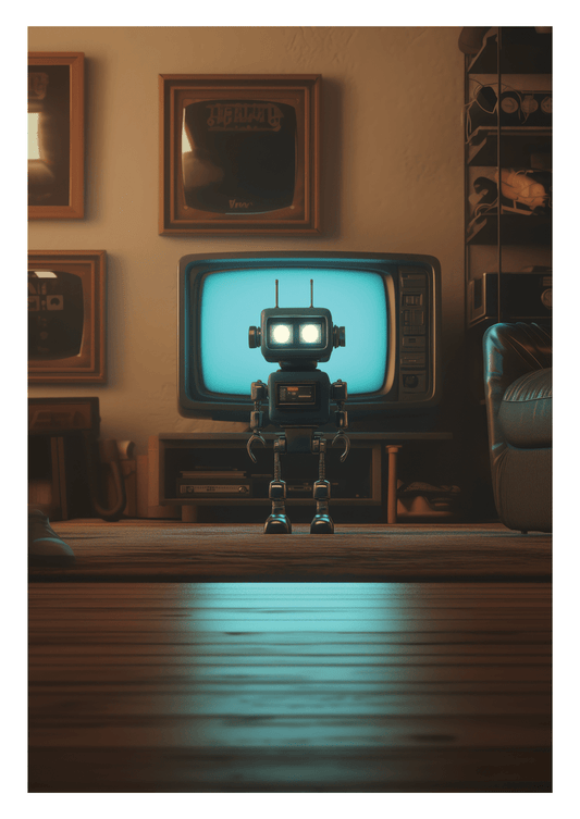 Affiche vintage d'un petit robot se tenant devant un vieux téléviseur, teintes sombres.