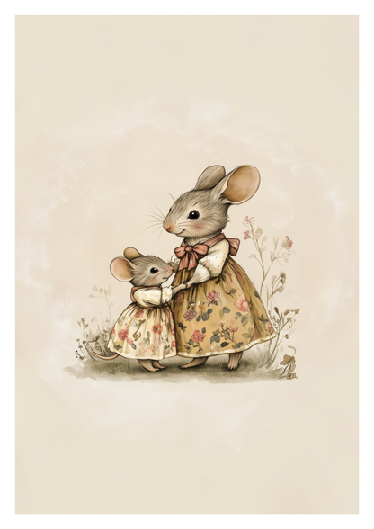 Affiche chambre enfant maman et petite souris en robes fleuries sur fond clair.