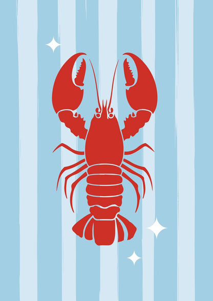 Affiche funky homard rouge sur fond rayé bleu et bleu clair.