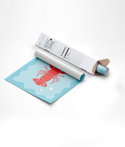 Emballage du poster homard fond bleu bord ondulé dans carton triangulaire