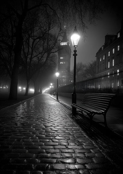 Affiche photographie noir et blanc d'une rue pavée d'un banc la nuit à londres