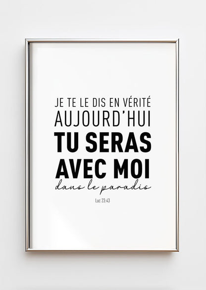 Affiche chrétienne d'un verset de la bible typographie noir sur blanc dans un cadre chromé