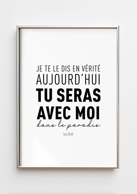 Affiche chrétienne d'un verset de la bible typographie noir sur blanc dans un cadre chromé