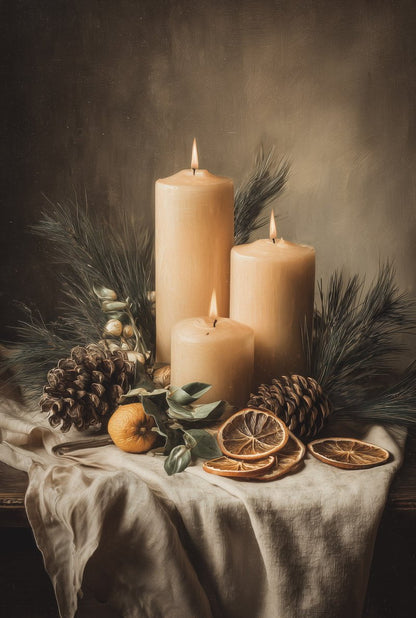 Format 40x60cm de l'affiche hiver avec des bougies et des rondelles d'oranges
