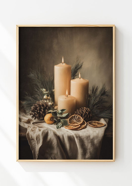 Affiche de noel de trois bougies allumées sur une table, dans un cadre en bois