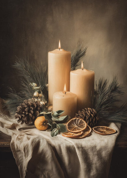 Affiche de noel illustrant 3 bougies sur une table avec pommes de pin, rondelles d'oranges