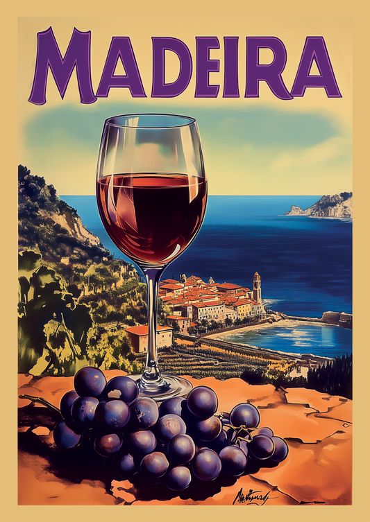 Affiche vintage montrant un verre de vin de madère et une grappe de raisin, vue sur la mer.