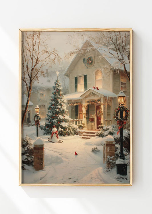 Affiche de noel illustrant une maison décorée avec un sapin et un bonhomme de neige, dans un cadre