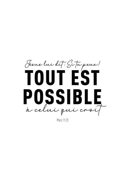 Poster chrétien verset de la bible Marc 9:23 en typographie noir sur fond blanc
