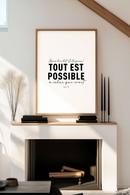 Affiche chrétienne Marc 9:23 verset de la bible accrochée au dessus d'une cheminée 
