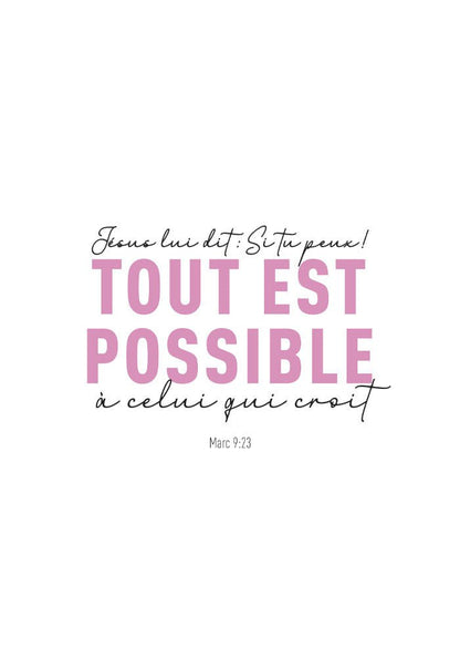 Poster citation verset de la bible Marc 9:23 en typographie rose et noir sur fond blanc
