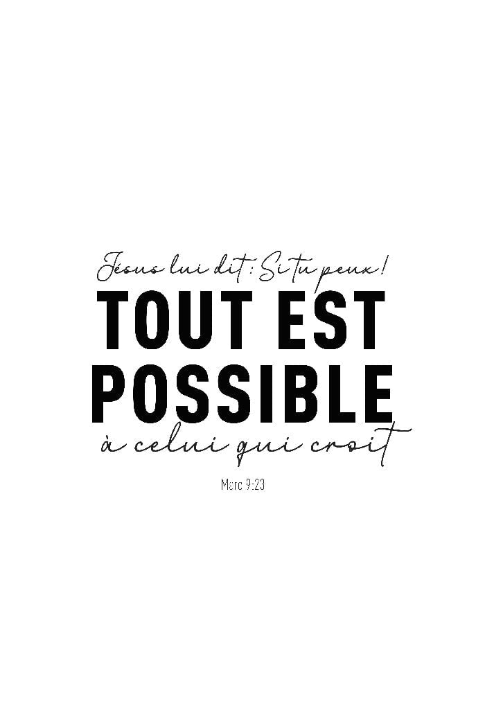 Poster religion Marc 9:23 typographie noir sur fond blanc, format 40x60cm