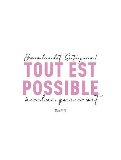 Poster religion Marc 9:23 texte rose et noir sur fond blanc, format 30x40cm