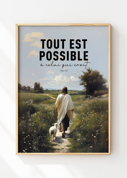 Affiche chrétienne jesus et son agneau avec verset de la bible dans un cadre